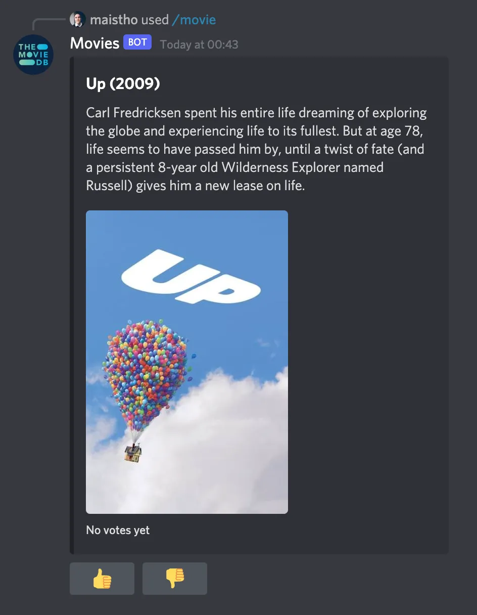 screenshot of the bot showing the movie Up (2009)